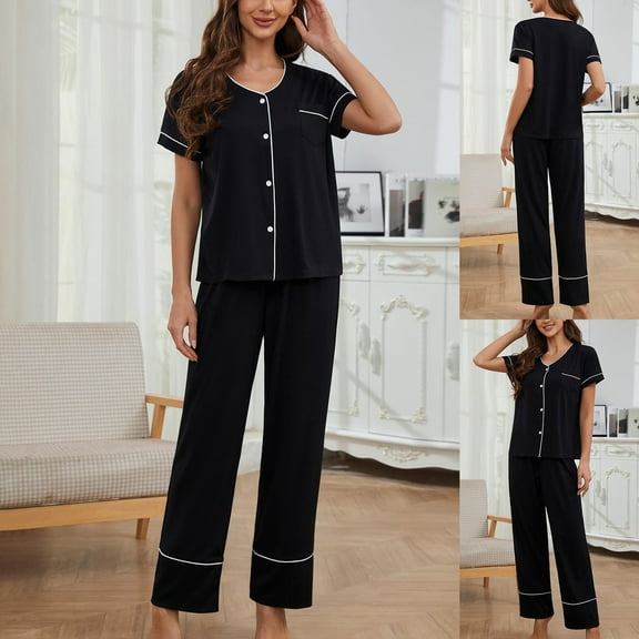 TIANZEN Women's Pure Color Short Sleeve Pajamas Slim Homewear Tops Pants Set Two Wear Comfy Warm Pajamas Women Plaid Pajama Shorts