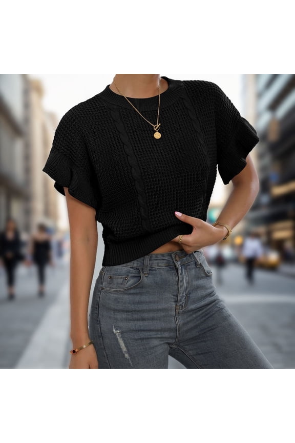 Women's Ruffled Short Sleeve Round Neck Knitted Crop Top Pullovers Sweater Womens 4xl Tops Dressy Shirt Cute Shirts for Women