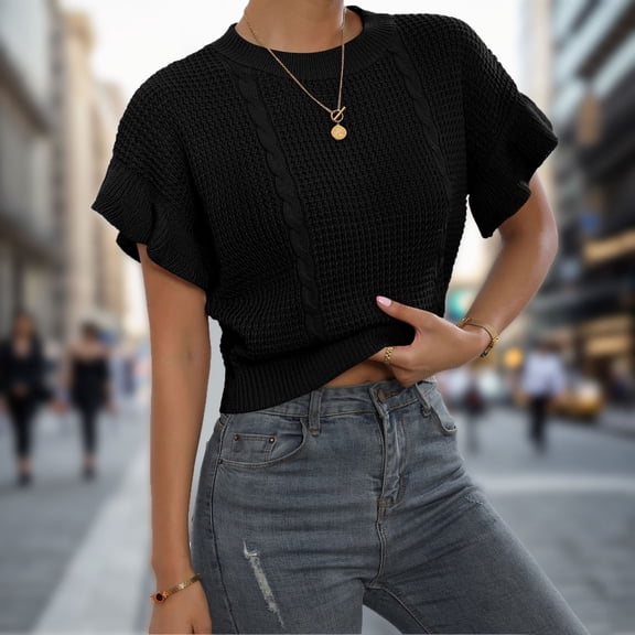 TIANZEN Women's Ruffled Short Sleeve Round Neck Knitted Crop Top Pullovers Sweater Womens 4xl Tops Dressy Shirt Cute Shirts for Women