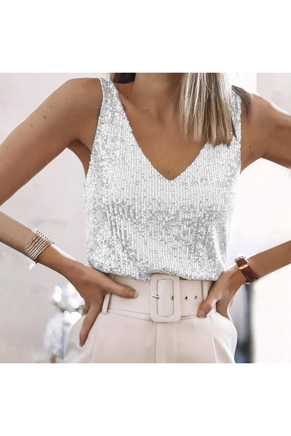 Women's Sequin V Neck Tank Top Glittering Evening Wear With Straps Cam 4xl Tops for Women plus Size Shirts Women Loose