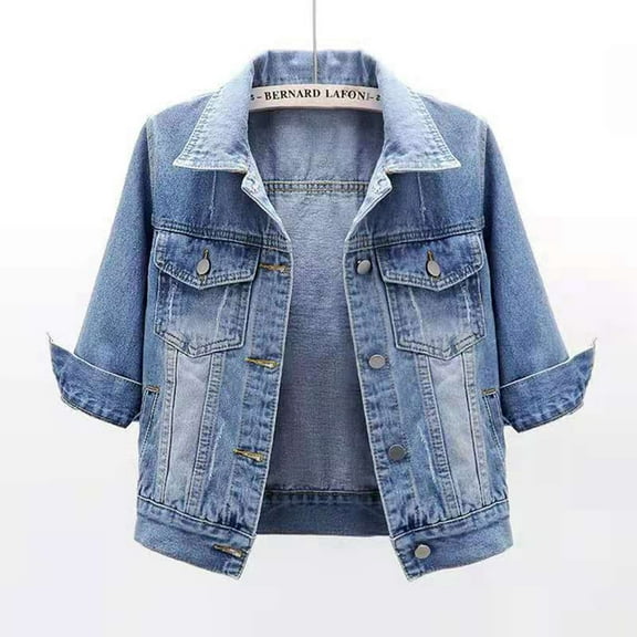 TIANZEN Women's Short Casual Fashion Three Quarter Sleeve Denim Jacket Denim Fringe Vest Oversized Jean Jean Coat for Women