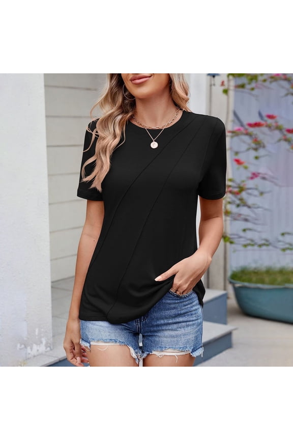 Women's Short Sleeve Tops Pleated Crewneck Loose Fit T Shirt Business Casual Dressy Work Shirts 2025 Summer Long Sleeves T Shirts for Women Casual Tops Women Summer Opaque Shirts for Women