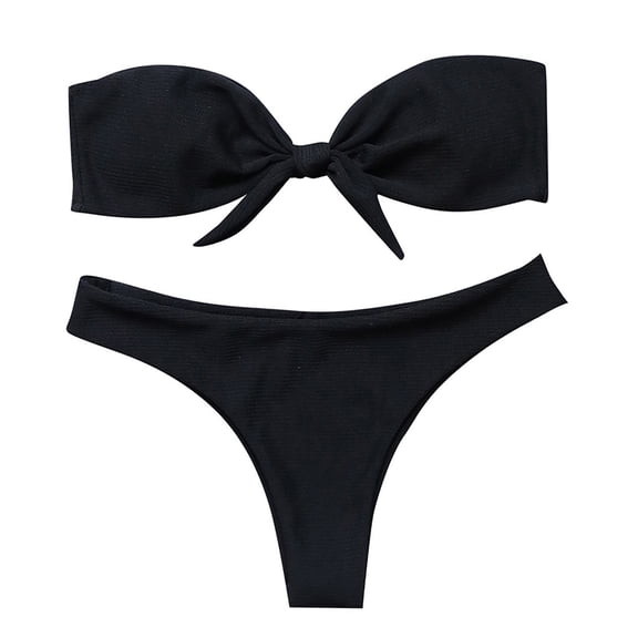 TIANZEN Women's Solid Bow Tie High Cut Bandeau Bikini Set Two Piece Swimsuit Lace Garter Belt Set