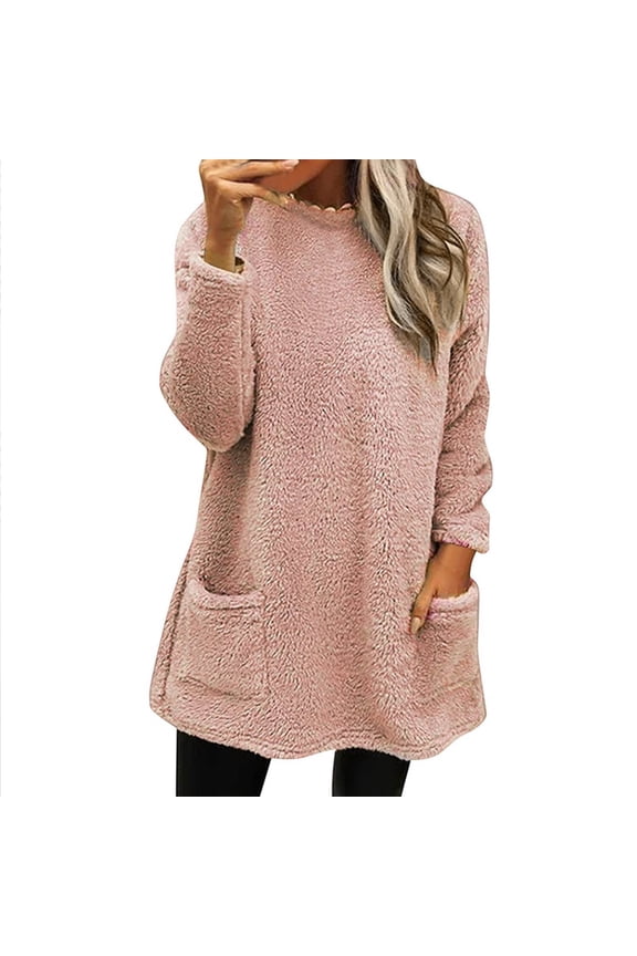 Women's Solid Color Autumn And Winter Warm Round Neck Long Sleeved Pocket Casual Sanitary Dress Junior Crop Sweater Pullover Women