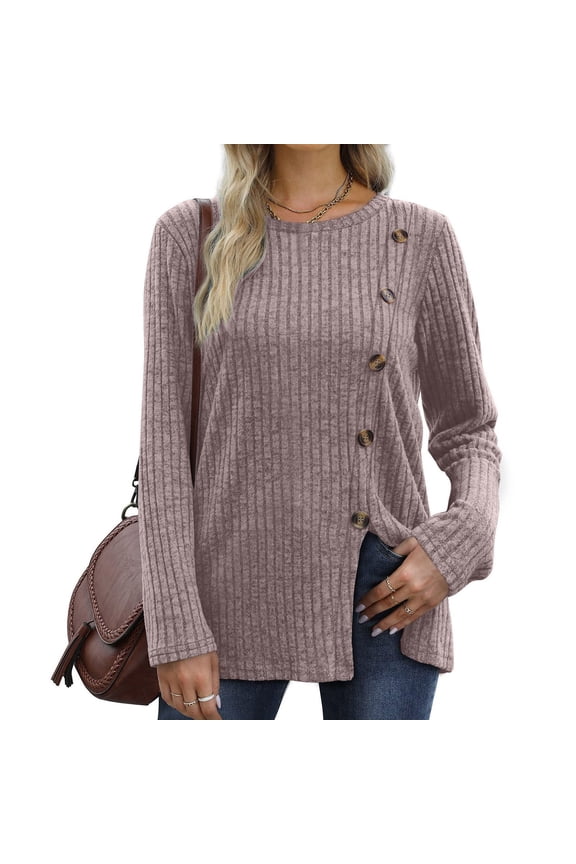 Women's Solid Color Autumn/winter Button Open Knit Cedar Round Collar Strip Top Long Sleeve T Shirt 1 Polyester Shirts Women