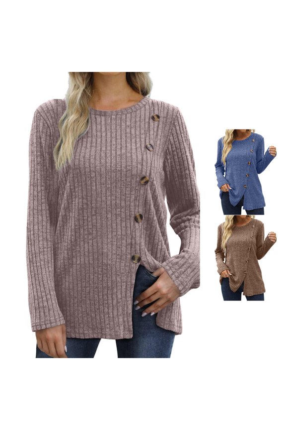 Women's Solid Color Autumn/winter Button Open Knit Cedar Round Collar Strip Top Long Sleeve T Shirt Ringer Tee
