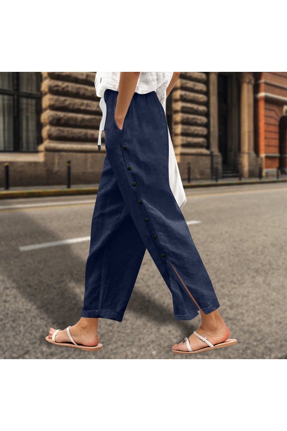 Women’s Solid Color Elastic Waist Loose Fit Side Button Functional Casual Pants Womens Business Casual Pants with Pockets High Waist Pants for Women Work Casual Floral Pants for Women Casual