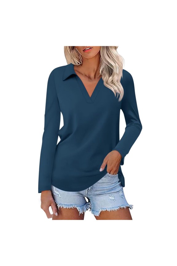 Women's Solid Color Long Sleeve Lapel V Neck Solid Color Top T Shirt 2 Swim Tops Casual T Shirt for Women Shirts Women