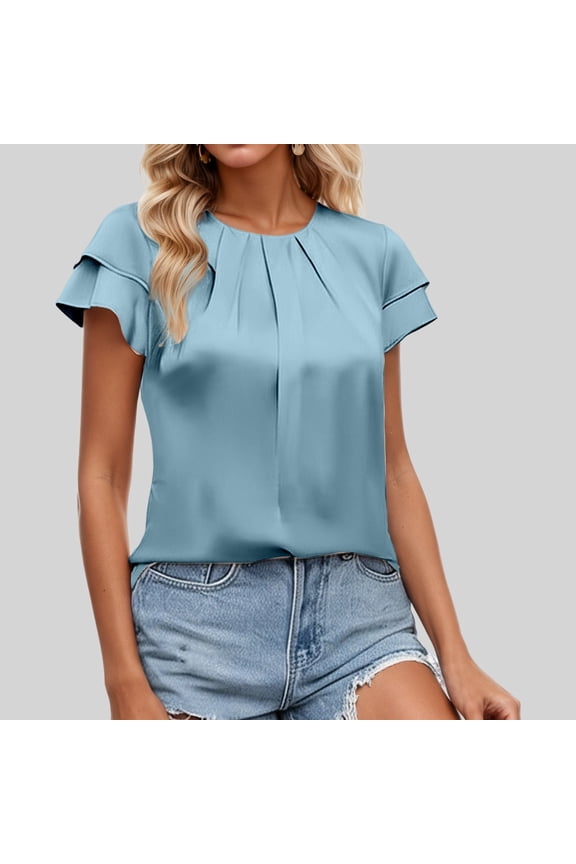 Women's Solid Color Round Neck Pleated Satin Crepe Casual Short Sleeve Blouse under Scrub Women Long Sleeve Shirts Loose Fit Athletic Tops for Women Work Out Shirts Women