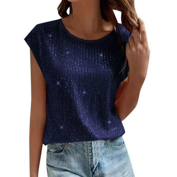 TIANZEN Women's Solid Color Sequin Round Neck Tank Top And Party Wear" Space Short Stretch Shirt