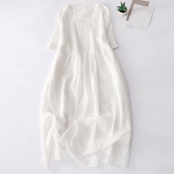 TIANZEN Women's Solid Color V Neck Pleated Dress Wrap Summer Dress for Women Tunic Swing Dresses for Women Floral Summer Dress