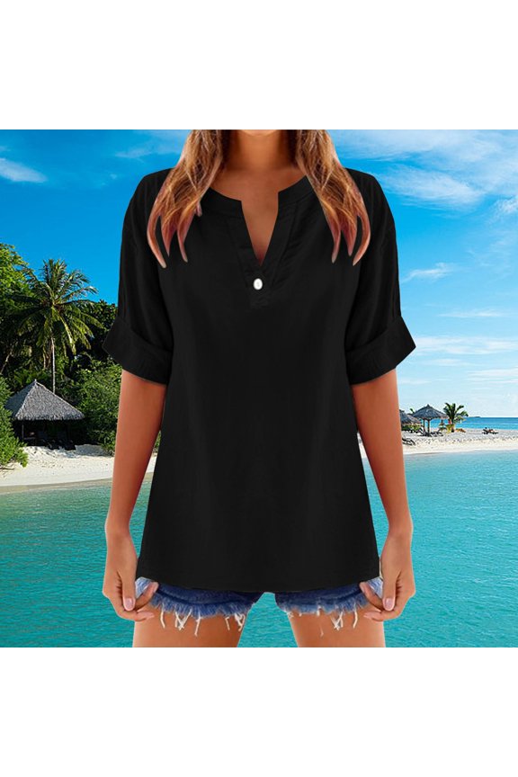 Women's Solid Color V Neck Short Sleeve Linen Blend Blouse Stylish And Comfortable For Casual Wear Womens Long Top T Shirts Womens Tech