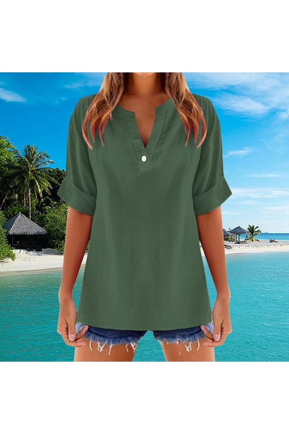 Women's Solid Color V Neck Short Sleeve Linen Blend Blouse Stylish And Comfortable For Casual Wear Casual Raglan Tee Womens Long Tee Shirt Extra Long Sleeve