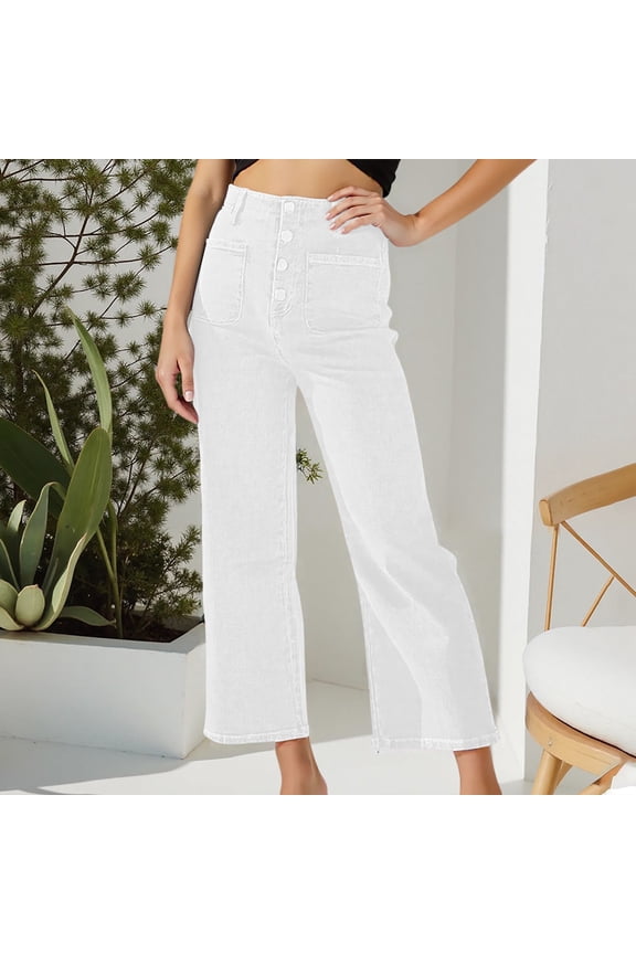 Women's Solid Wide Leg Jeans High Waisted Zimbaplatinum Stretchy Straight Leg Jeans Buttoned Loose Denim Pants With Pocket Ladies Denim Woman Jean Pants Temp Life Leggings