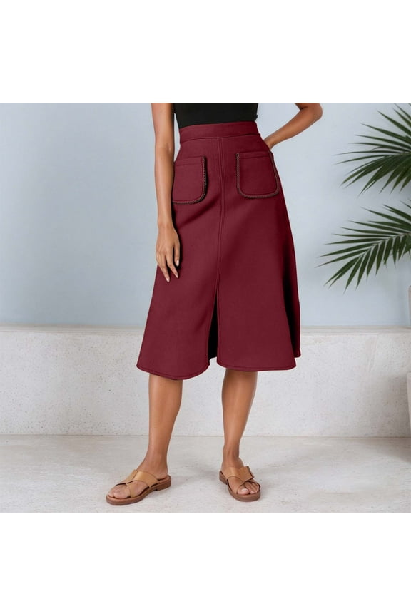 Women's Suede A Line Midi Skirt With Elastic Waist And Front Pockets For Fall And Winter Skirt Running Skirt
