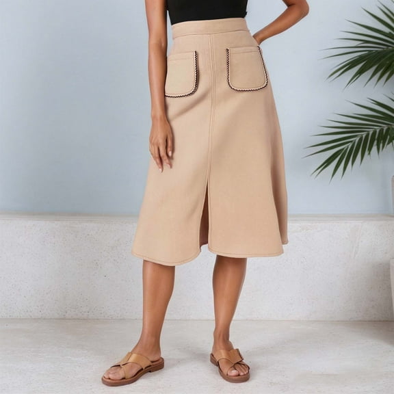 TIANZEN Women's Suede A Line Midi Skirt With Elastic Waist And Front Pockets For Fall And Winter Skirted Leggings Double Slit Skirt
