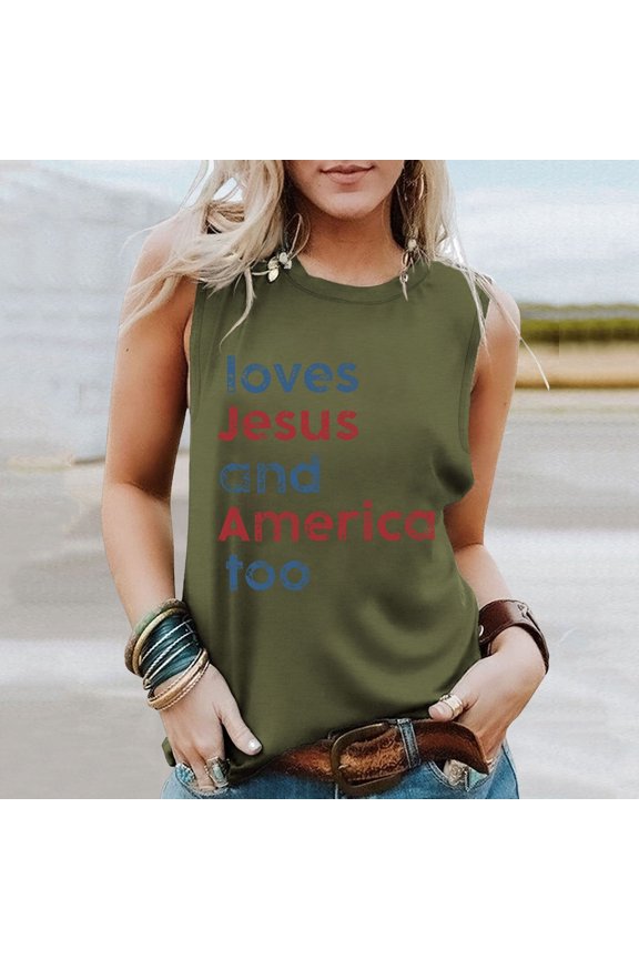 Women's Summer And America Too Lettering Printed Round Neck Sleeveless Tank Top Workout Tops for Women Womens Training Top Padded Top