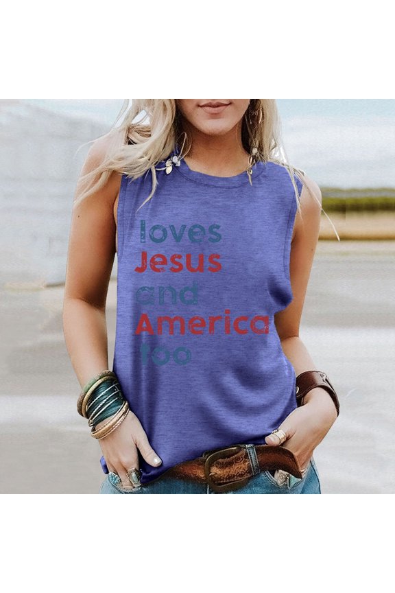 Women's Summer And America Too Lettering Printed Round Neck Sleeveless Tank Top Workout Tops for Women Womens Training Top Padded Top