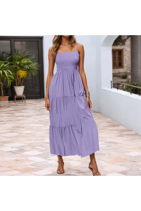 Women's Summer Boho Maxi Dress Casual Sleeveless Spaghetti Strap Tiered Flowy Beach Wedding Guest Party With Ruffled Hem Comfy Dresses for Women Cut Loose Dress Sprint Dress