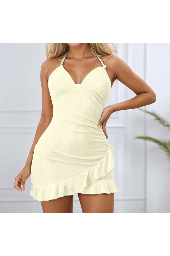 Women's Summer Casual Dress Deep V Neck Sleeveless Backless Mini Dress With Lace Trim And Tie Detail For Daily Summer Dresses for Women Beach Womens Casual Long Dresses Little Dress for Women