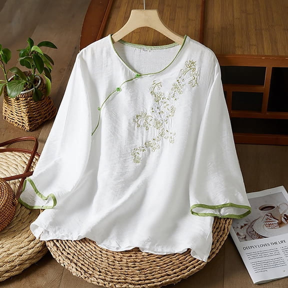 TIANZEN Women's Summer Chinese Embroidery Cardigan Top Art Heavy Industry T Shirt Cute Summer Tops