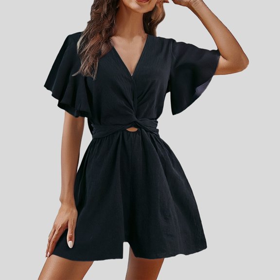 TIANZEN Women's Summer Jumpsuit Casual Wear Wide Leg Romper With Flutter Sleeves For Daily Outings Party Outfit Comfortable Stylish Suite Romper Womens Denim Romper Romper Women