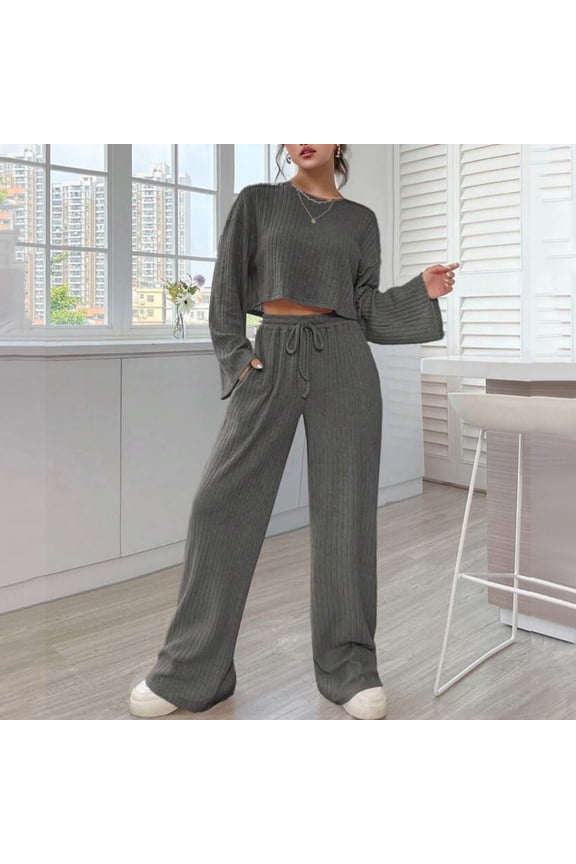 Women's Two Piece Knit Matching Outfits Crew Neck Slit Hem Tee And Pants Tracksuit Sets plus Size Wedding Pant Suits for Women Pants Suits for Women