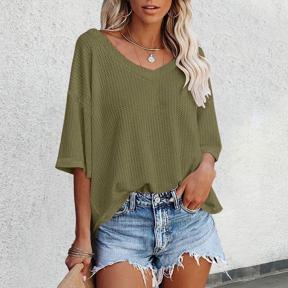 TIANZEN Women's V Neck Batwing Half Sleeved Shirt Knit Loose Shirt Solid Color Top Women Workout Shirts Shirt Set Women T Shirt Women Blank