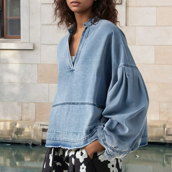 TIANZEN Women's V Neck Color Long Sleeve Loose Denim Style Knit Top Womens Dressy Tee Shirts Athletic Tops Women Womens Tops Raglan Sleeves