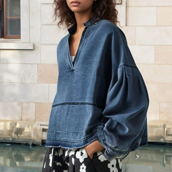 TIANZEN Women's V Neck Color Long Sleeve Loose Denim Style Knit Top Womens Dressy Tee Shirts Athletic Tops Women Womens Tops Raglan Sleeves