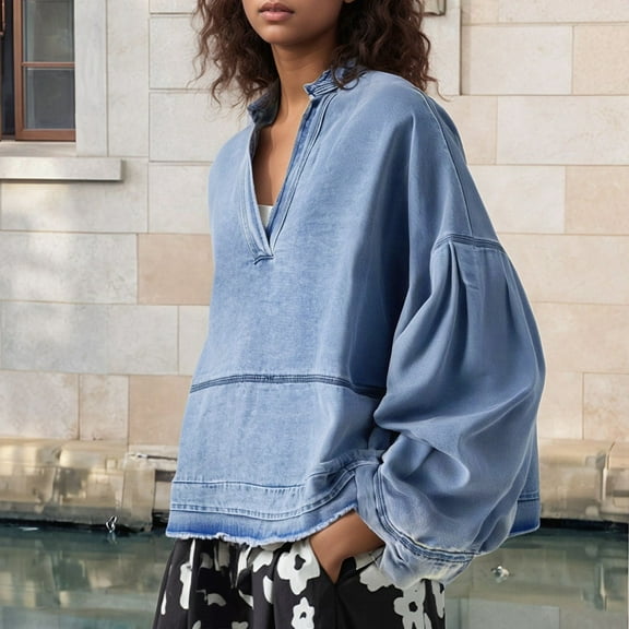 TIANZEN Women's V Neck Color Long Sleeve Loose Denim Style Knit Top Womens Dressy Tee Shirts Athletic Tops Women Womens Tops Raglan Sleeves