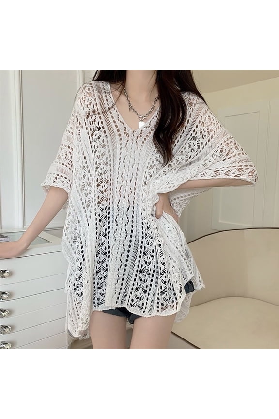 Women's V Neck Fishing Net Sunscreen Loose Lazy Outside With Smock Hollow Out Sweater plus Size Shirt Dress Top Woman Clothes Top for Women plus Size