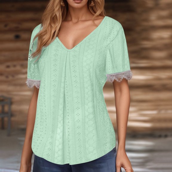 TIANZEN Women's V Neck Lace Trim T Shirt Casual Floral Hollow Out Blouse For Daily Wear Spring Summer Miss Long Sleeve Shirts for Women Summer Woman Shirts Short Sleeve T Shirt for Women