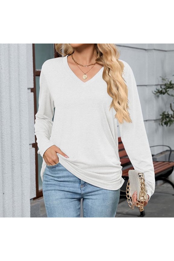Women's V Neck Long Sleeve T Shirts Casual Basic Soft Comfortable Everyday Versatile Pure Color Tee Lightweight for Women Women's Tees Long Women T Shirt
