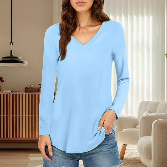 TIANZEN Women's V Neck Solid Color Long Sleeve T Shirt Long Sleeve T Shirt Women Trendy Womens Long Sleeve Compression Shirts Womens Long Sleeve T Shirts Pack