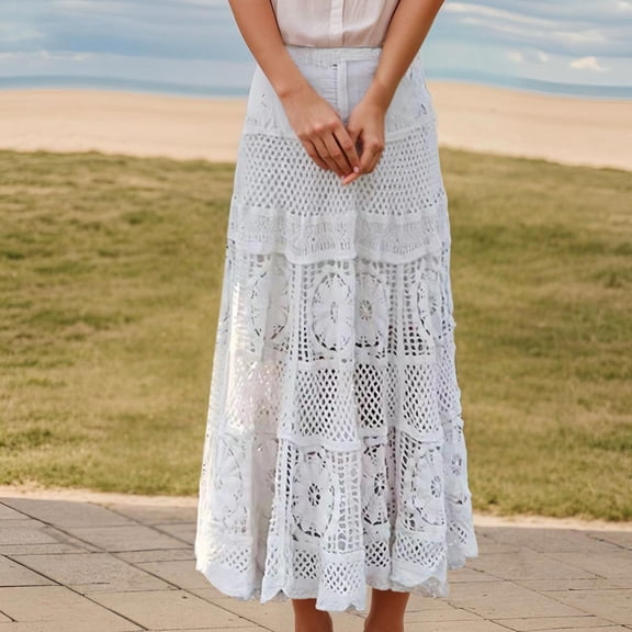 TIANZEN Women's Western Floral Lace Crochet Knit Maxi Boho Skirt A Line Eyelet Hippie Flowy Long Skirt Plaid Mini Skirts for Women Wool Skirt 80s Skirt