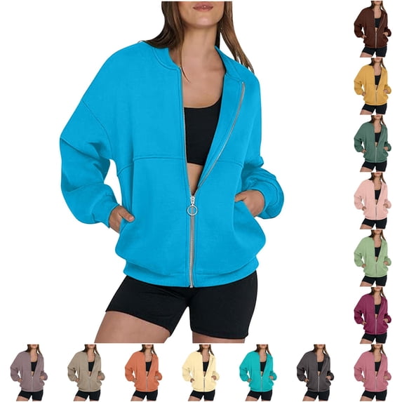 TIANZEN Women‘s Winter Long Sleeve Zip Up Hoodless Sweatshirt Casual Solid Color Lined Jacket With Pockets Sweatshirts Women Hoodie
