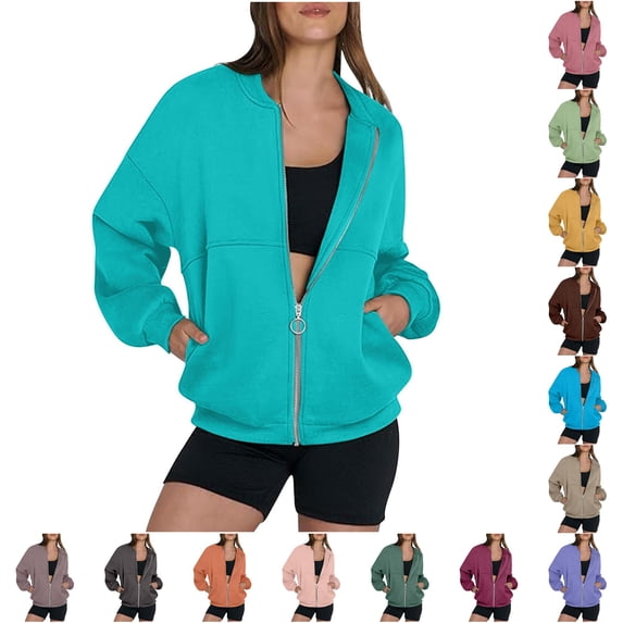 TIANZEN Women‘s Winter Long Sleeve Zip Up Hoodless Sweatshirt Casual Solid Color Lined Jacket With Pockets Sweatshirts Women Hoodie