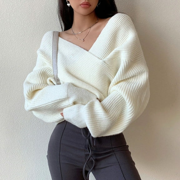TIANZEN Women's Wrap V Neck Cropped Sweaters 2024 Fall Long Sleeve Front Off Shoulder Solid Knitted Pullover Tops Fall Shirts Men Women's Sweatshirts Zip Knit Sweater