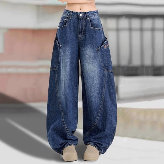 TIANZEN Womens Baggy Barrel Jeans Casual Boyfriend High Rise Wide Leg Denim Trendy Pants Jean Leggings for Women Petite Women plus Size Clothes M1 Denim