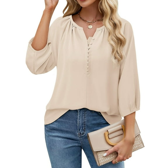 TIANZEN Womens Blouses Dressy Casual V Neck 3/4 Sleeve Tops Fashion Boho Chiffon Button Down Shirts Short Sleeve Shirts for Women Casual Summer Ling Sleeve Shirt Women Tunic