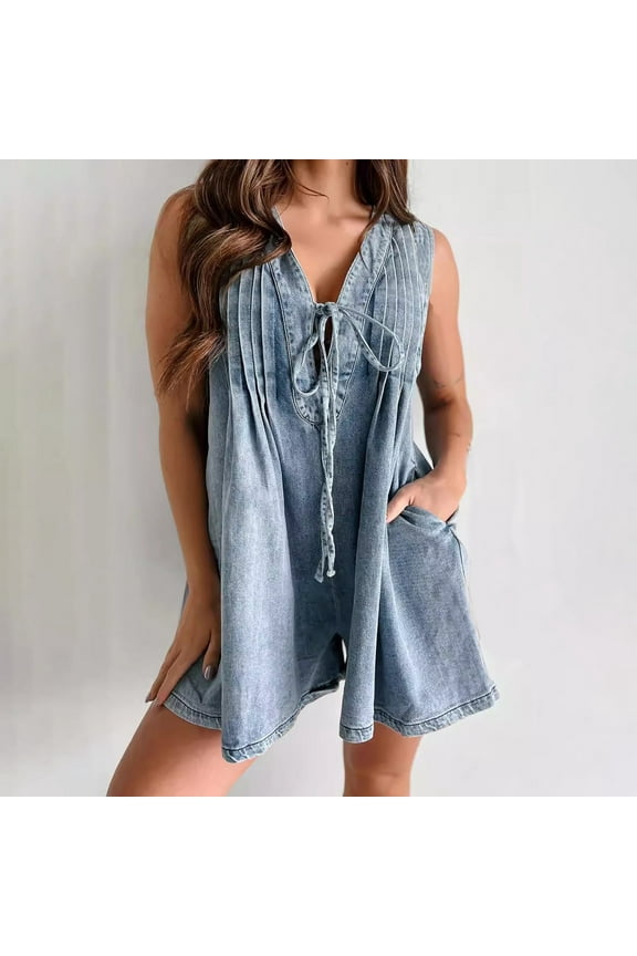 Womens Casual Sleeveless Tie Front Denim Romper Overall Shorts Summer Jean Romper With Pocket Long Body Suits for Women Tube Top Romper Romper for Women