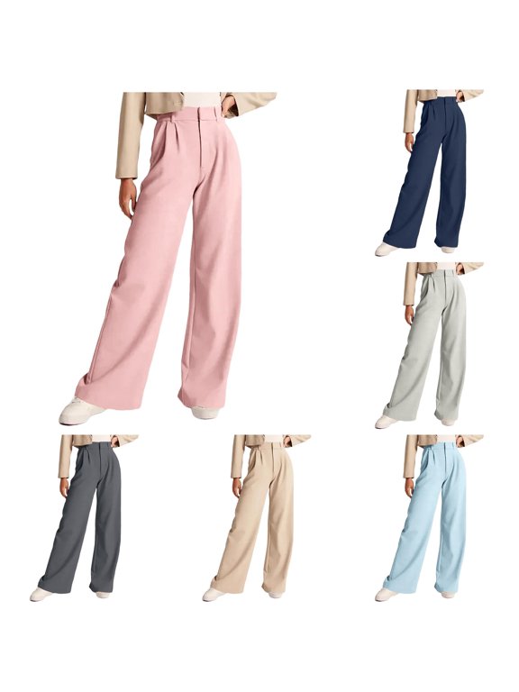 Womens Casual Wide Leg Dress Pants High Waist Tailored Button Down Trousers With Pockets Womens Elastic Waist Dress Pants