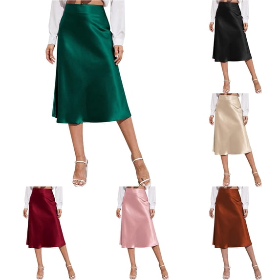 TIANZEN Womens High Waist Midi Skirt Solid Satin Dress Zipper Elegant Summer Skirts Skirt with Shorts underneath