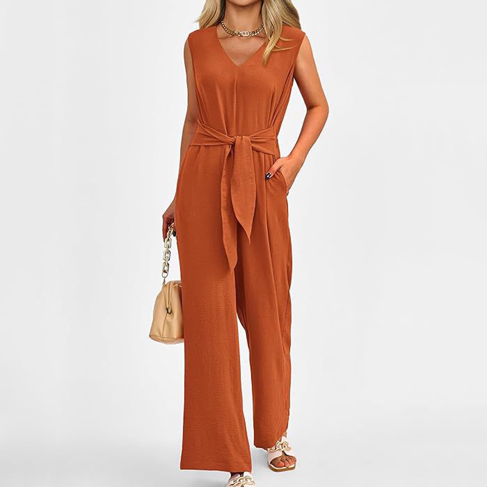 Casual Sleeveless Jumpsuits Summer Solid High Waist Wide Leg Pants Soft Rompers with Pockets