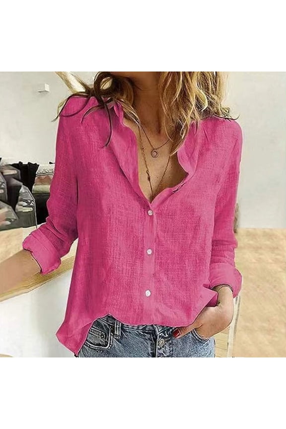 Womens Linen Shirts Casual Long Sleeve V Neck Blouse Shirt Button Down Ladies Work Loose Shirts Blouses Womens Solid Color T Shirts Women's Button down Large Button down Shirt