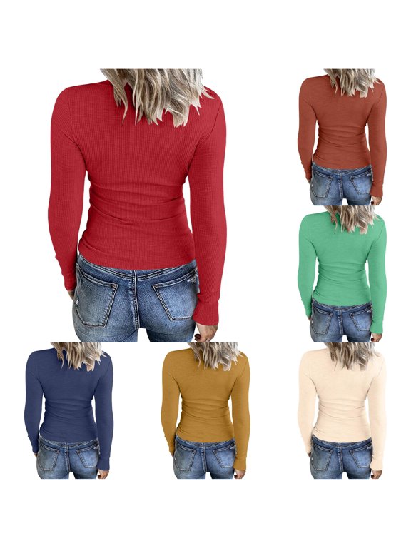 Womens Long Sleeve Neck Ribbed Knit Fitted Casual Tops Tee Slim Basic Shirts Women's Layering Tees