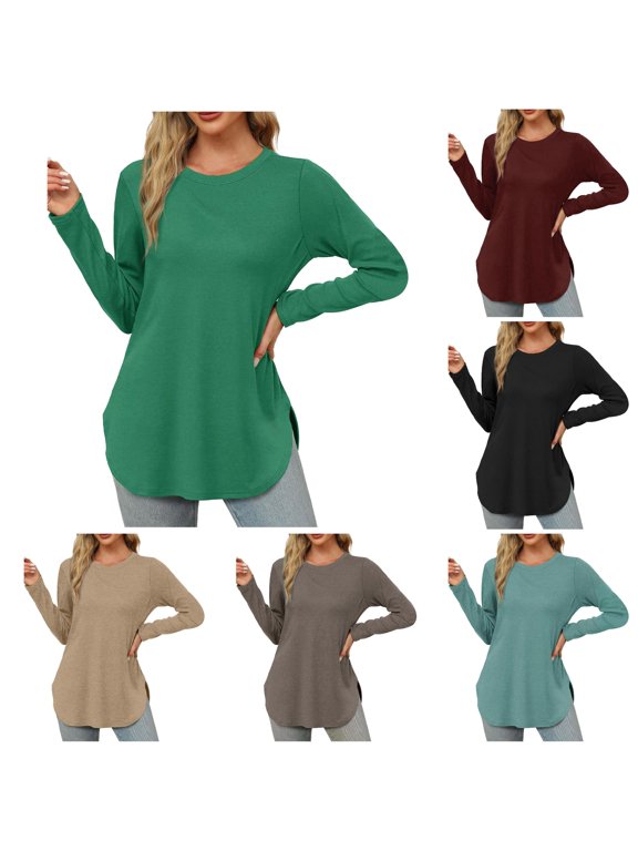 Womens Long Sleeve Round Neck Shirts Side Split Basic Loose Tunic Tops Casual under Shirts Women