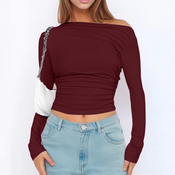 TIANZEN Womens Long Sleeve Off The Shoulder Casual Crop Tops Boat Neck Going Out Slim Fit T Shirts Lightweight Shirt for Women Women T Shirt Womens Compression Shirt