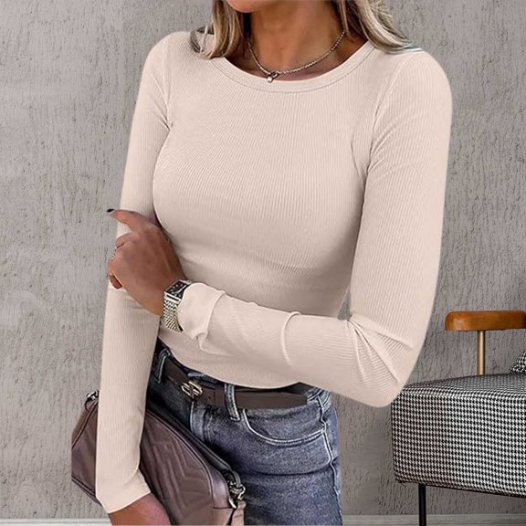 TIANZEN Womens Long Sleeve Stretch Crewneck Ribbed T Shirt Fitted Casual Basic Tops Womens Long Sleeve Tee Short Sleeve T Shirts for Women Womens Solid Shirt
